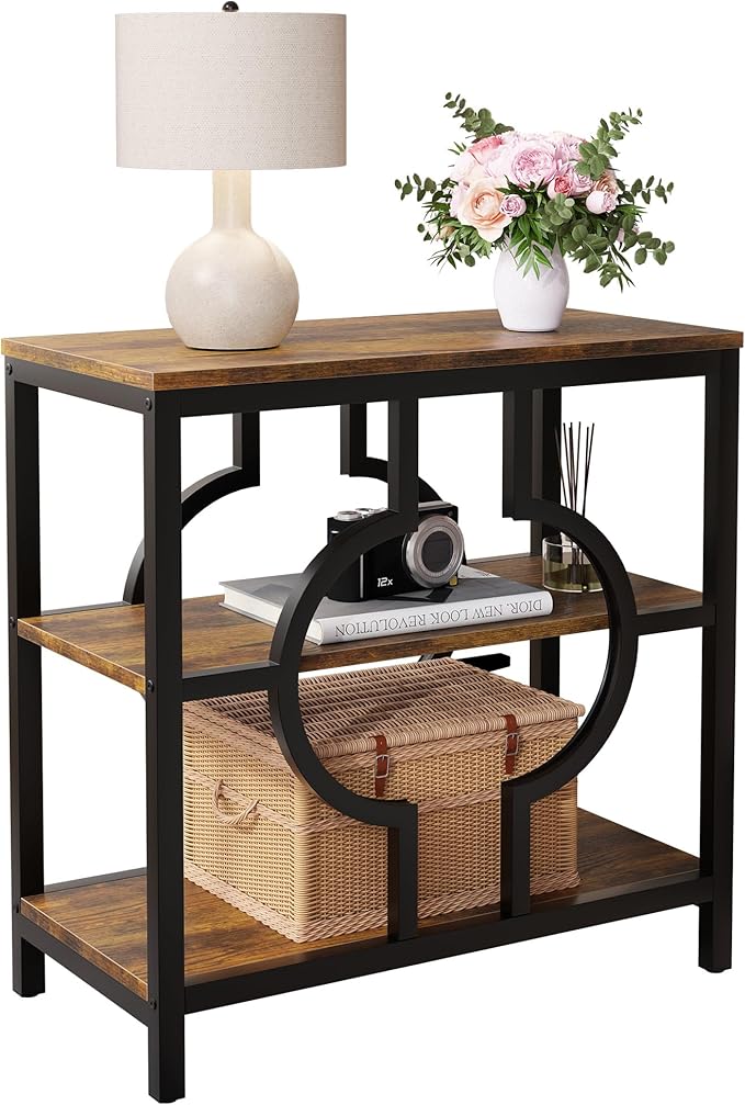 End Table, Narrow Side Table with 3-Tier Storage Shelves, Wood Sofa Side Table with Geometric Metal Frame for Living Room, Industrial Bedside Nightstand for Bedroom (Brown)