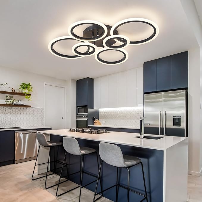 6 Rings Black Modern LED Ceiling Light Fixture, Flush Mount Ceiling Light with Remote Dimmable Brightness, Adjustable 3000-6000K Color Temperature, Timer for Living Room, Bedroom