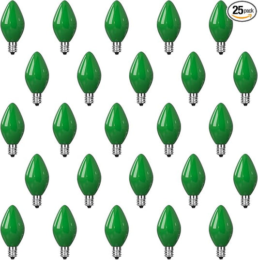 25 Pack C7 Green Christmas Replacement Bulbs C7 5W Green Vintage Ceramic Light Bulbs for Christmas Night Light Candle Lamp St. Patrick's Day Decor,E12 Candelabra Base