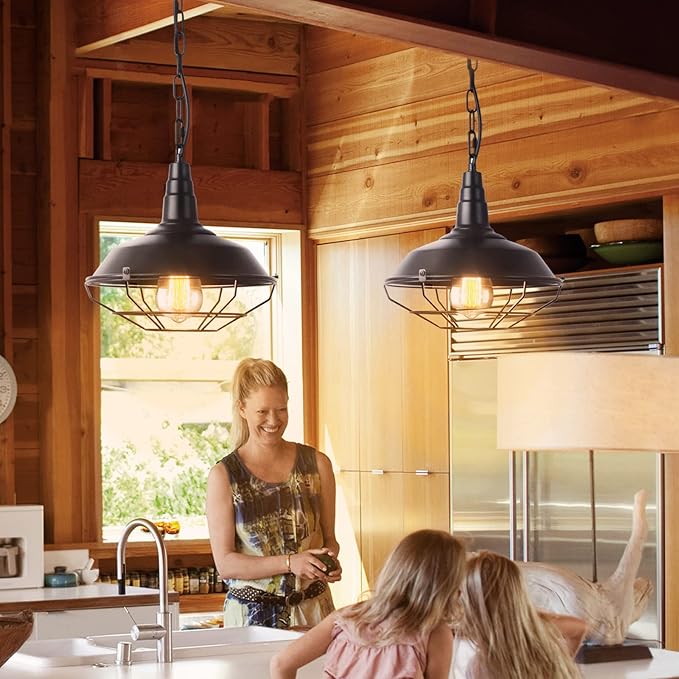 Black Farmhouse Pendant Light - 2 Pack Industrial Vintage Hanging Light Fixtures Metal Wire Cage Pendant Lighting with Adjustable Chain for Kitchen Barn Hallway Porch Dining Room