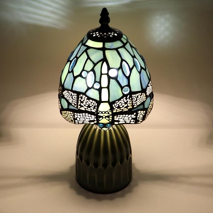 Tiffany Lamp Stained Glass Mushroom Table Lamps 6X6X12.5 Inch Sea Blue Dragonfly Style Small Night Light Ceramic Base Mini Accent Desk Light Suitable for Bedside Table Bedroom Children Room