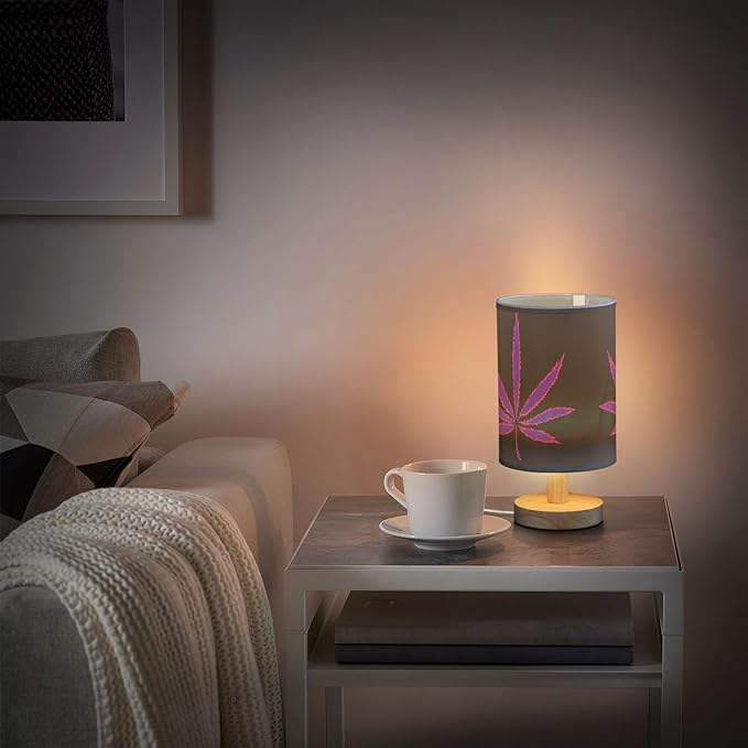 Table Lamp Neon Purple Marijuana Leaf Cannabis Weed Leaves on Black Nightstand Lamp with Wood Base Fabric Lamp Shade Bedside Desk Lamp for Living Room Bedroom Kids Room Office