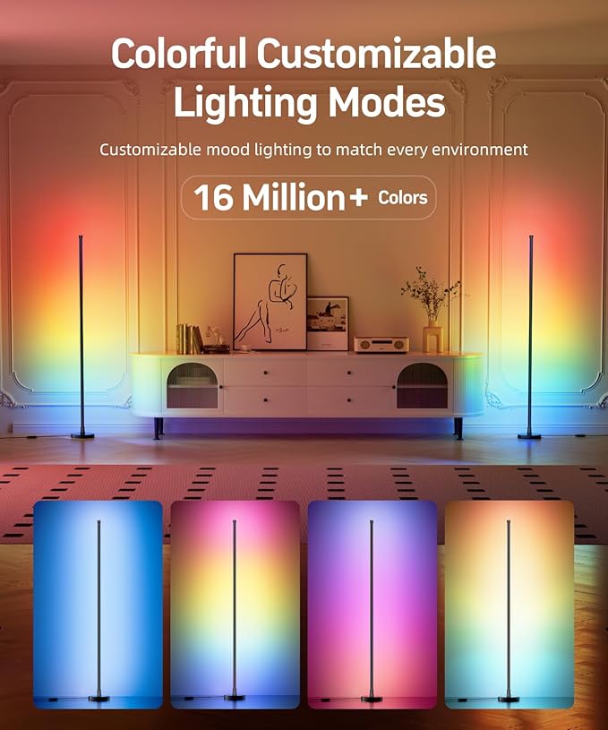 Smart RGB LED Corner Floor Lamp, Color Changing Standing Lamp with 16 Million Colors, Music Sync Ambient Lighting,Remote & App Control Modern Floor Lamp for Living Room, Bedroom, Gaming Room Decor