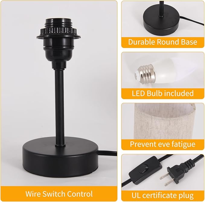 2 Pack Small Table Lamps for Bedroom, Bedside Lamps for Nightstand with Wire Switch, Minimalist Modern Desk Lamps with Linen Fabric Shade for Kids Room Living Room Office Dorm, Bulb Included