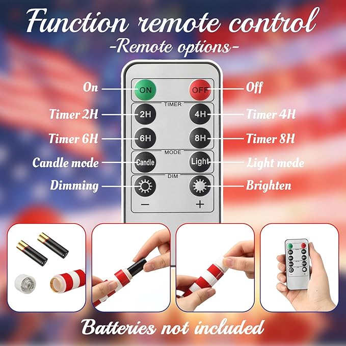 6 Pcs 4th of July LED Flameless Candle Set 250th Anniversary Patriotic Taper Candles Battery Operated with Remote God Bless American USA Flag Candles for Independence Day Decor Party Favors