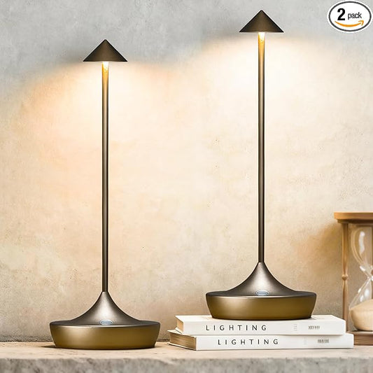 2-Pack Cordless Rechargeable LED Table Lamps, Metal, 3 Color Touch Stepless Dimmable, IP54 Waterproof Portable Battery Operated for Outdoor Dining Patio Restaurant Home Decor,Titanium