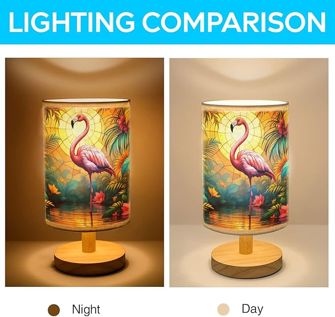 Flamingo Table Lamp LED 3-Color Pressed Bedside, Flamingo Shade Lamp with Wood Base for Bedroom Living Room Desk Office TL01