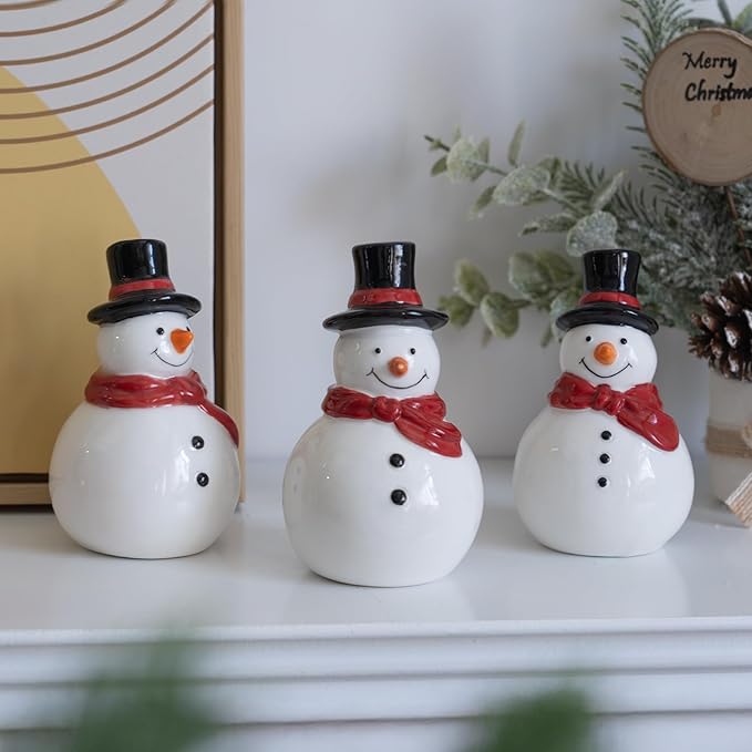 NEROSUN Christmas Snowman Figurines, 3 Pack Ceramic Cute LED Lighted Snowman Tabletop Christmas Decorations, Light Up Table Ornaments for Indoor Cabinet Mantel Fireplace Winter Xmas Decor