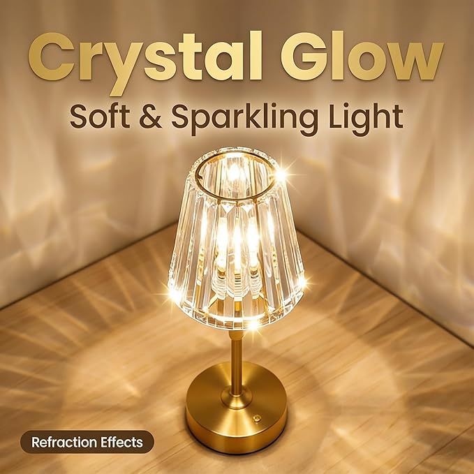 Crystal Glass Table Lamp - Cordless & Rechargeable with 5200mAh, Warm White Stepless Dimming, Portable Reading Light for Bedroom Nightstand, Living Room Home Decor
