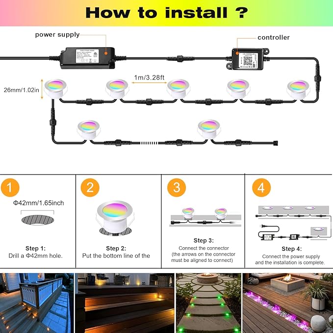 Recessed LED Deck Light Kits, Φ2.4 Smart WiFi Low Voltage RGB & Warm White Deck Lighting, Waterproof Outdoor LED Step Stair Lights Compatible with Alexa Google Home for for Garden,Yard,Path (10 Pack)