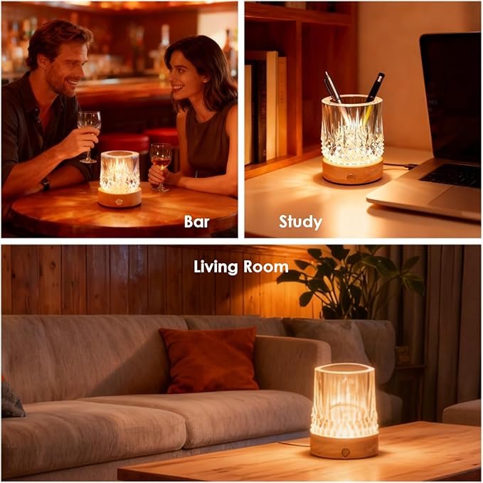 Small Creative Crystal Table Lamp with RGB Color Changing Night Light with Solid Wood Base,Touch Control & Rechargeable,Ideal as Romantic Gifts for Bedroom or Living Room Decor