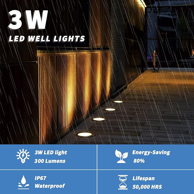 Eaglod Low Voltage LED Well Lights, 3W Landscape Lighting with Connectors, IP67 Waterproof Outdoor In-Ground Lights, Warm White for Garden, Tree, Driveway, Deck, Patio (10Pack, 12V-24V)