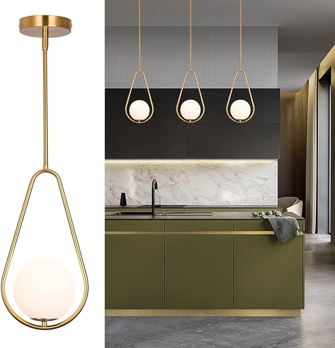 SeeU Gold Pendant Lighting Brass Finished Modern Style Kitchen Island Lighting,One Light Glass Globe Pendant Light for Indoor Hanging Light Fixture,Adjustable Length Lamp for Dinning Room Bedroom