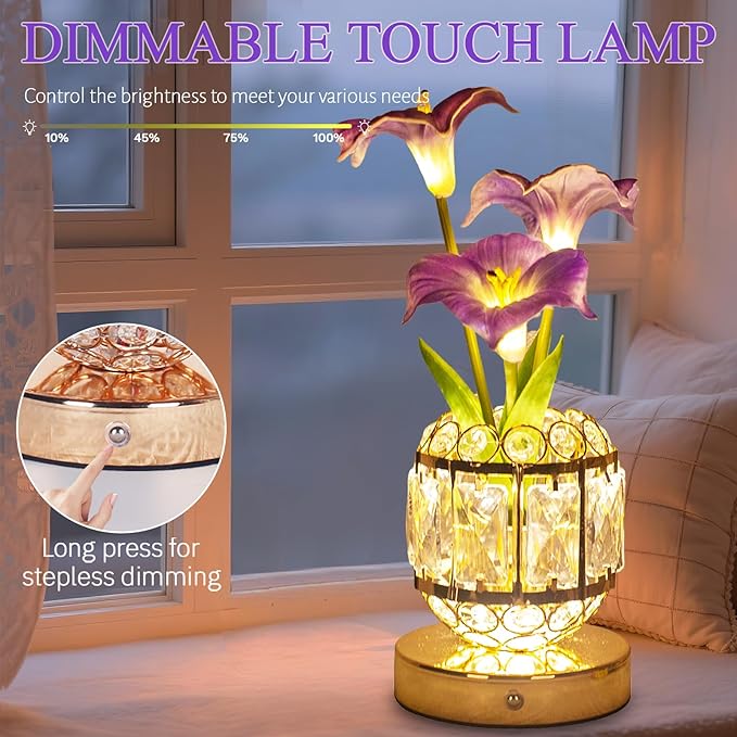 Flower Table Lamp, 3-Color Dimmable Artificial Flowers Night Light, Rechargeable Cordless Small Desk Lamp, Morning Glory with Crystal Vase for Party Date Home Decoration (Purple - Morning Glory)