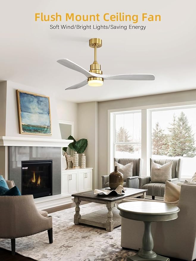 Sofucor 52 Inch Ceiling Fan with Lights and Remote Control-Modern Solid Wood Blade Ceiling Fan for Bedroom Living Room Indoor Outdoor Farmhouse Patio, Quiet DC Motor, Grey Gold