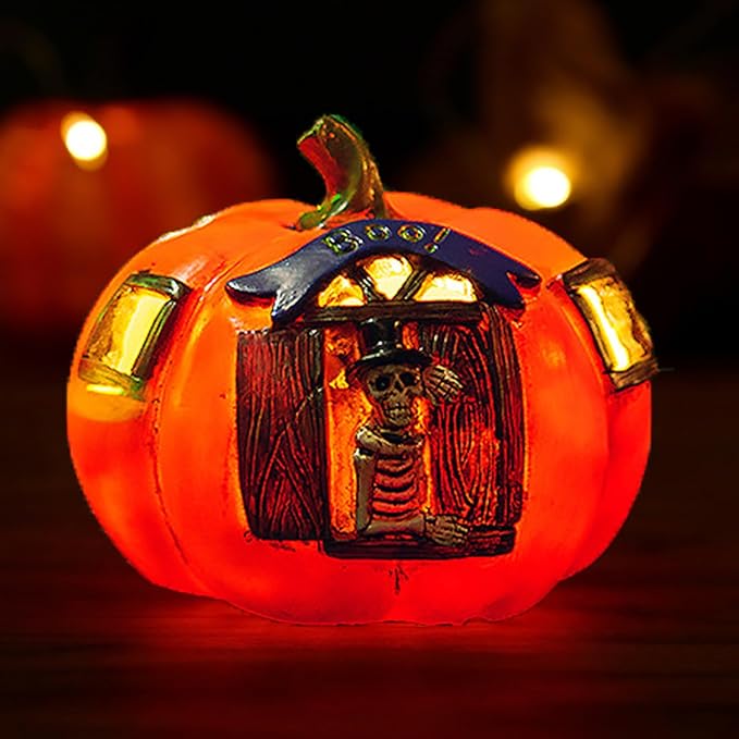 Halloween Skull Pumpkin LED Lantern - Light Up Decorations for Indoor Outdoor, Spooky-Pumpkin with Skeleton Design, Vintage Style Decor for Party, Porch, Tabletops, Mantles, Windowsills, Gardens