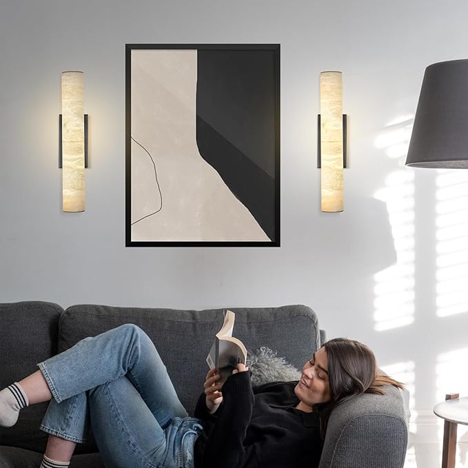 Alabaster Wall Sconces, Spanish Natural Marble Wall Sconce, 20" Bronze Wall Sconce for Bathroom, Modern Alabaster Sconces Wall Lighting Dimmable, Marble Wall Lamp for Living Room, Bedroom, Hallway