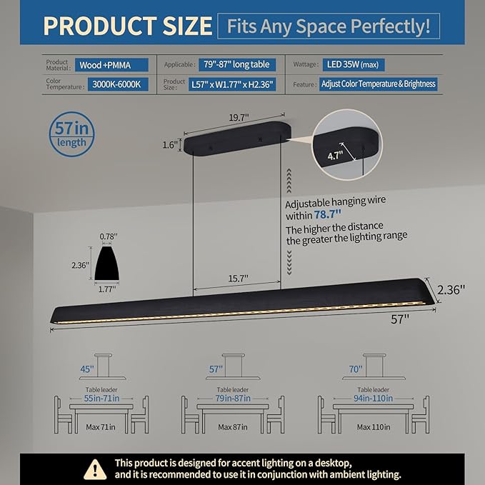Wood Linear Pendant Light, Dimmable Kitchen Island Lighting with Remote, 35W LED Island Lights for Kitchen, Adjustable Linear Chandelier for Dinning Room Light Fixture (Black, 57inch)