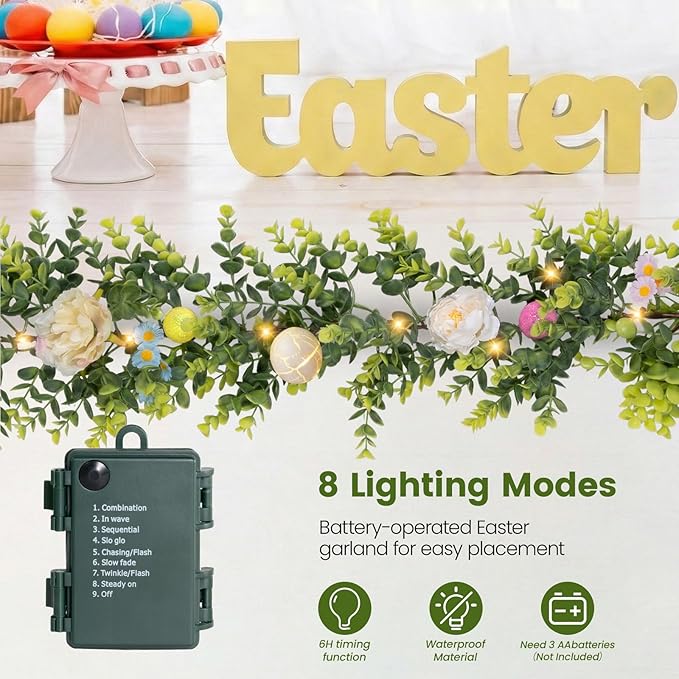 6FT Prelit Easter Garland with 20 LED Lights, Lighted Artificial Easter Egg Garland for Mantle, Battery Operated with 8 Mode Timer – Peony & Eucalyptus Accents