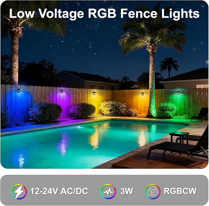 Outdoor RGB Fence Lights Wired, 3W 12V Wired LED RGB Color Changing Low Voltage Fence Lights for Outdoor Deck Post Stair Step Railing, IP65 Waterproof, ETL, Black, 12PK