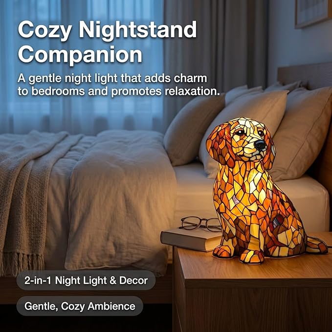 Rainbow Puppy Lamp Stained Glass Dog Night Light 3D Retro Stained Resin Rainbow Pup Lights Charge Powered Table Lamp Puppy Glow Lamps for Home Bedroom Desk (C)