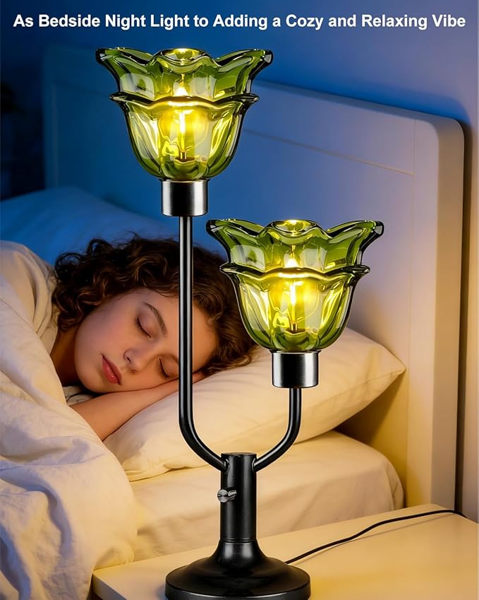 Lightdot Mid Century Modern Flower Table Lamp Black Dimmable U-Shaped Green Glass Desk Lamps with 2Pcs 3000K Warmwhite Bulbs Included Bedside Nightstand Lamp for Living Room Bedroom