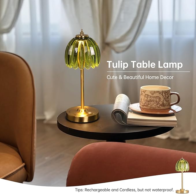 Set of 2 Tulip Table Lamp with 5000mAh Battery & Touch Control, Cordless Table Lamp with 3 Colors, Dimmable Rechargeable Table Lamps for Bedroom, Living Room, Entryways (Green Tulip)
