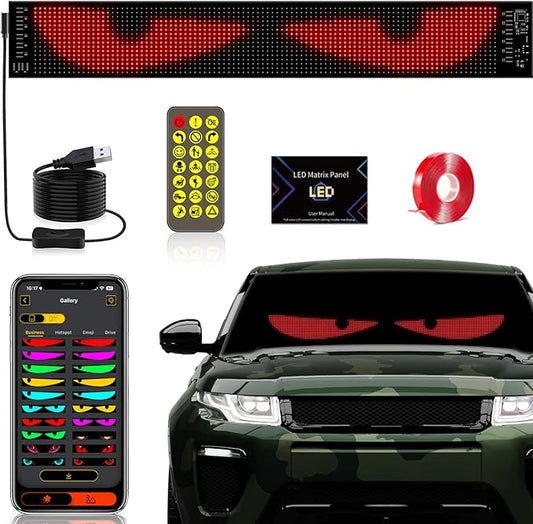 Devil's Eye:23.42"x4.72" Programmable ojos led para carro Windshield Display for Sedans, SUVs & Medium Trucks - USB-Powered LED Matrix Panel, Remote/App Control, Custom Car
