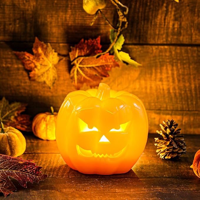 Halloween LED Jack-O-Lantern Pumpkin Lights Battery Operated, Scary Orang Pumpkin Halloween Flameless Flickering Real Wax Candle with Remote for Halloween Home Table Decoration（6'' Height