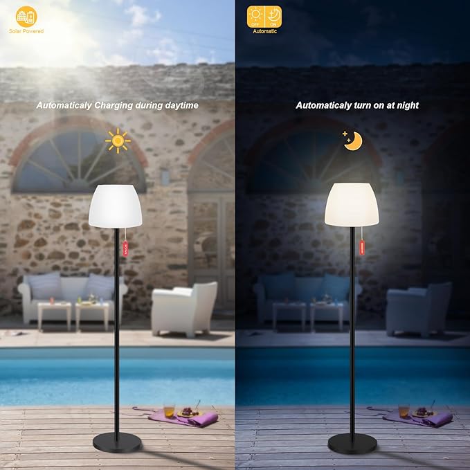 Outdoor Floor Lamp Solar Outdoor Lamps for Patio Waterproof Shower Lamp,LED Cordless Floor Lamp with Light Sensor,Rechargeable Dimmable Floor Lamp Warm White+RGB Solar Lamp for for Garden
