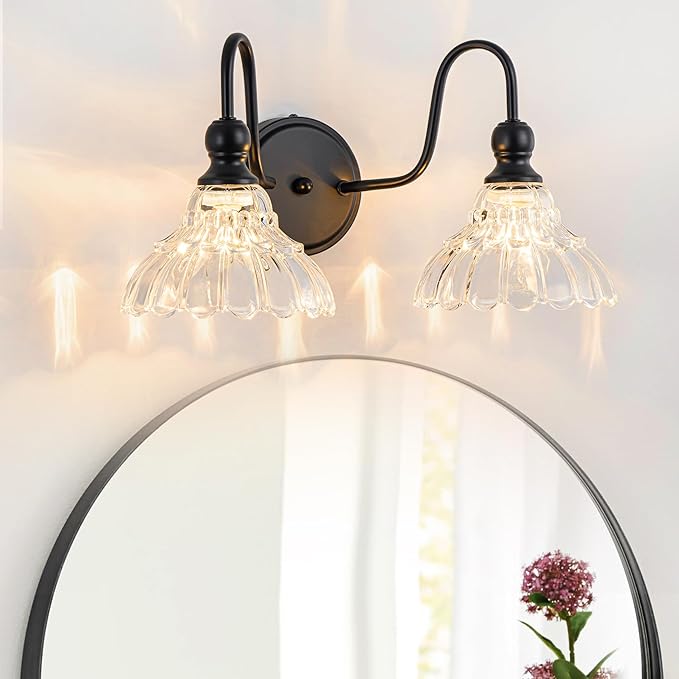 Vintage Bathroom Light Fixtures Over Mirror, 2-Light Black Wall Sconce Lighting with Flower Glass Shade, Farmhouse Vanity Lights for Bedroom Kitchen Living Room Hallway Light