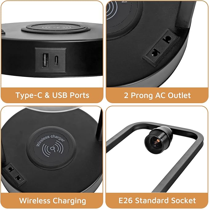 Wireless Charging Table Lamp for Bedroom Set of 2, Touch Control Dimmable with Type C USB Ports & AC Outlet Bedside Nightstand Lamp, Glass Shade Industrial Desk Lamp for Home Office, Bulbs Included