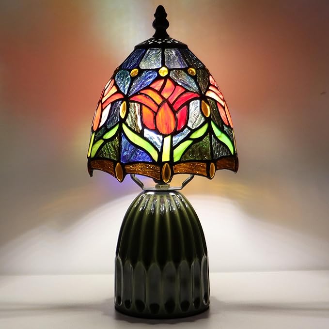 Tiffany Lamp Stained Glass Mushroom Table Lamps 6X6X12.5 Inch Red Tulip Style Small Night Light Ceramic Base Mini Accent Desk Light Suitable for Bedside Table Bedroom Children Room