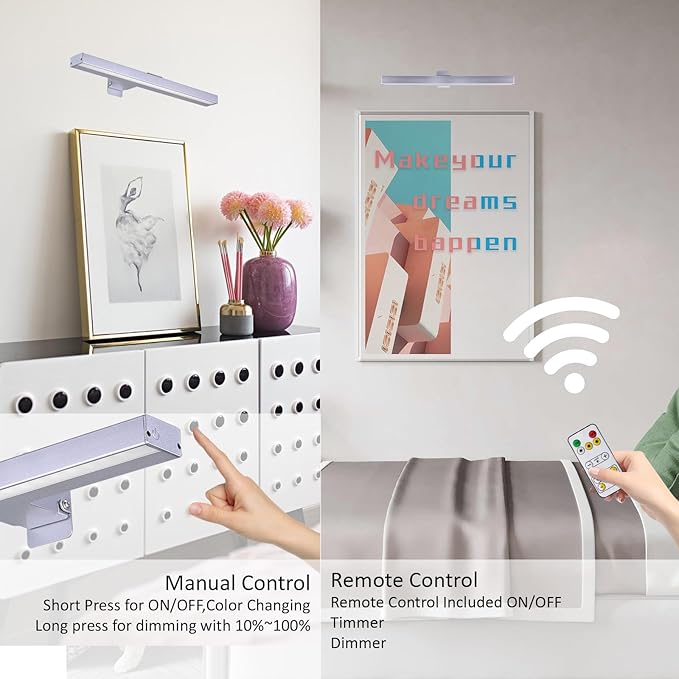 MIOBLUE Wireless Picture Lights with Remote, Metal 16in Recgargeable Battery Painting Light Display Lamp with 3 Lighting Modes, Dimmable Dartboard Light with Timer for Frame Portrait Art, Silver