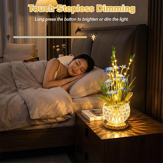 Flower Table Lamp, Mini Lily Table Decor with 3 Colors Dimmable, Artificial Flowers Night Light, Rechargeable Glass Lamp Small Desk Lamp for Party Holiday Home Decoration (Blue - Lily)