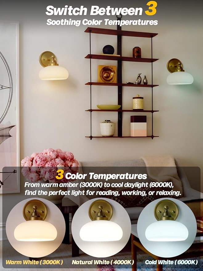 HEQIQEH Battery LED Wall Sconce Antique Brass Vintage Wall Light with Opal Oval Glass Shade, Timer Remote Control, Cordless Installation, Ideal for Bedroom & Entryway