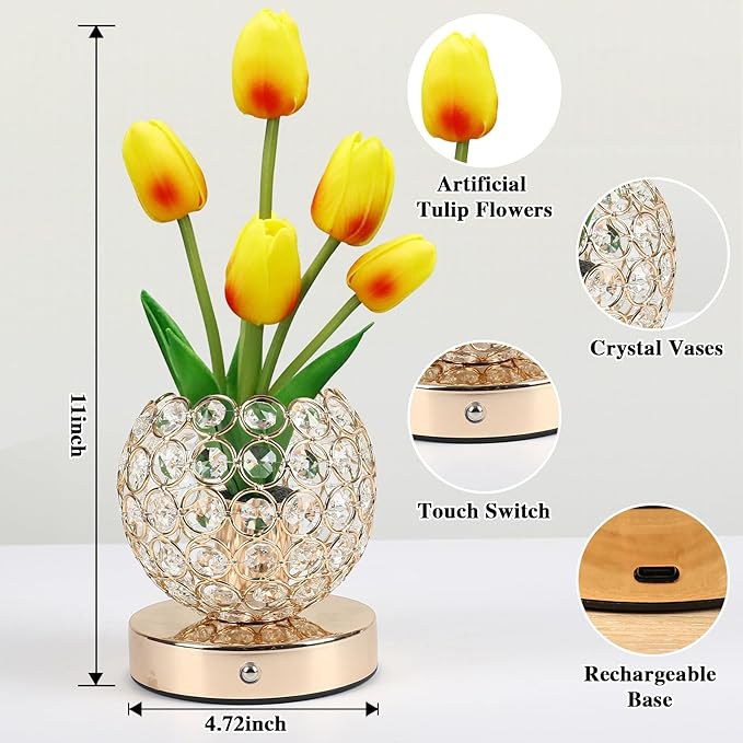Birthday Gifts for Women Mothers Day Gifts For Mom Table Lamp, 3 Color Crystal Flower Bedside Lamps Infinitely Dimming with USB Charge Small Night Light,Nightstand Touch Lamp for Bedroom (gold-tulip)