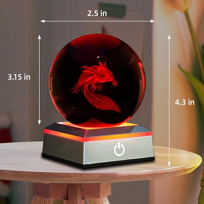 3D Axolotl Crystal Ball Night Light 3.15 inch Glass Ball Table Lamp with Color Changing Touch Base Axolotl Decor Ideal Gifts for Friends Kids Christmas Birthday