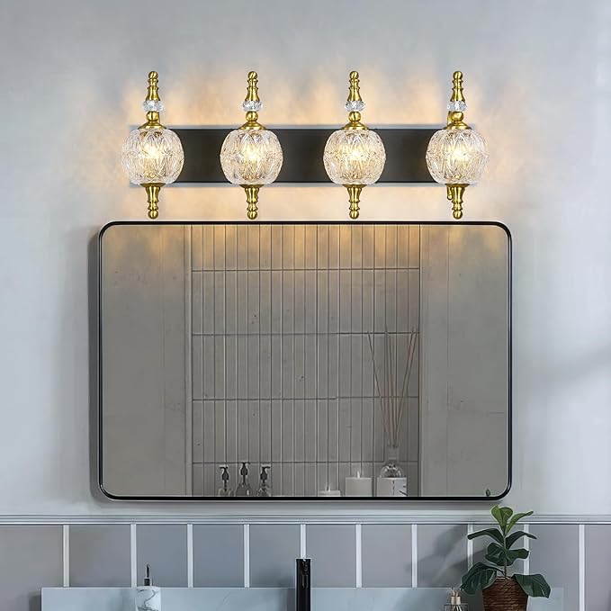 Modern Crystal Bathroom Vanity Lights Fixtures Over Mirror Black Gold Vintage 4-Lights 28 Inch Bathroom Light Fixtures Glass Crystal Vanity Lights