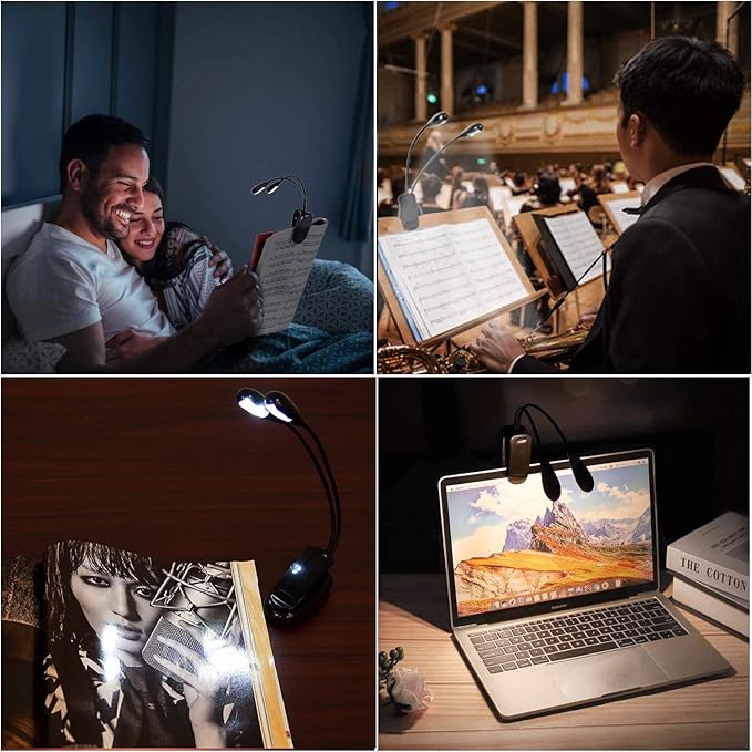 Music Stand Light, 1/2/4/10 Pack Clip on LED Book Lights, USB and AAA Battery Operated, Reading Lamp in Bed, 4 Brightness Levels, Ideal for Musician, Piano Player, Sheet Music, Travel (Dual Arm)