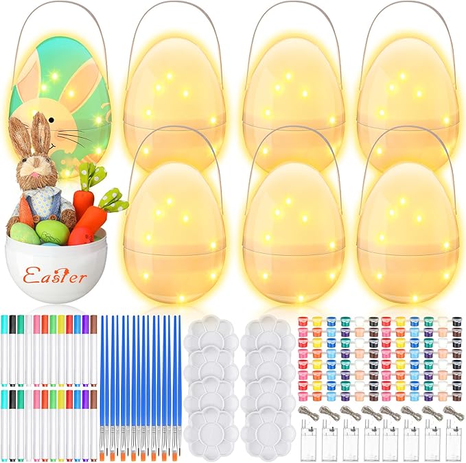 8 Sets Jumbo Easter Egg Plastic Fillable 10 Inch Giant Paintable Eggs with Handles Large White DIY Containers Paint Your Own Egg Lamp Kit for Easter Decor Basket Stuffers Fillers