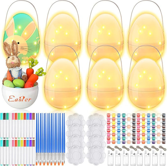 8 Sets Jumbo Easter Egg Plastic Fillable 10 Inch Giant Paintable Eggs with Handles Large White DIY Containers Paint Your Own Egg Lamp Kit for Easter Decor Basket Stuffers Fillers