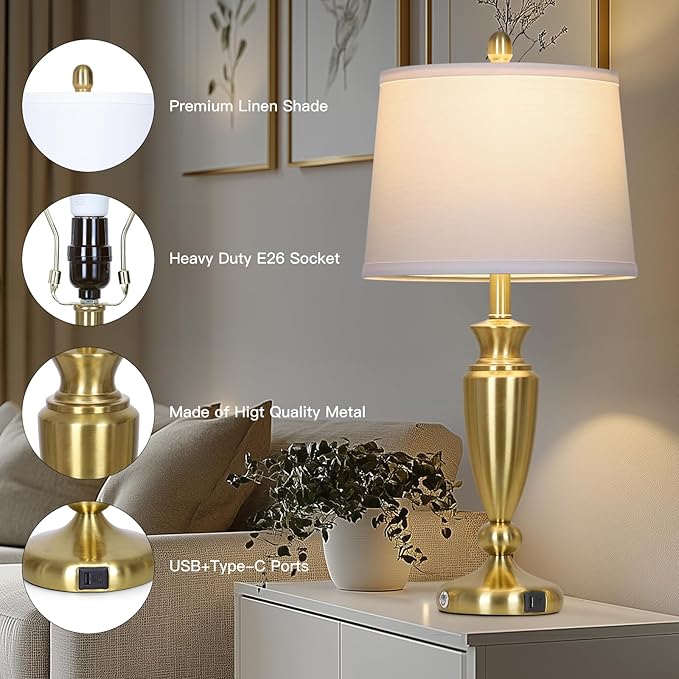 27" Gold Table Lamp Single, Touch Control Modern Bedroom Lamp with USB A+C Ports, 3-Way Metal Bedside Lamp, Elegant Brass Table Lamp for Night Stand Desk Side Table Office (Bulb Inclued)