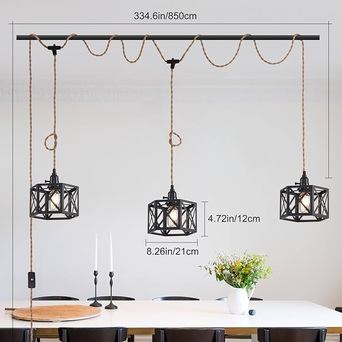 3 Light Plug in Pendant Light Rattan Hanging Lights with Switch 22FT Industrial Ceiling Light,Plug in Cord with Woven Hemp Rope Lamp Shade, Hanging Lamp Cord Farmhouse Cable DIY