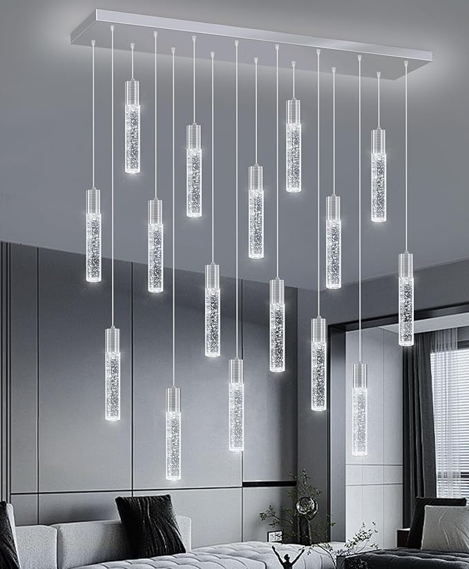 16-Lights Modern Crystal Rectangular Chandeliers LED Pendant Light for Kitchen Island High Ceiling Chandelier for Dining Room Entrance Foyer Living Room Silver