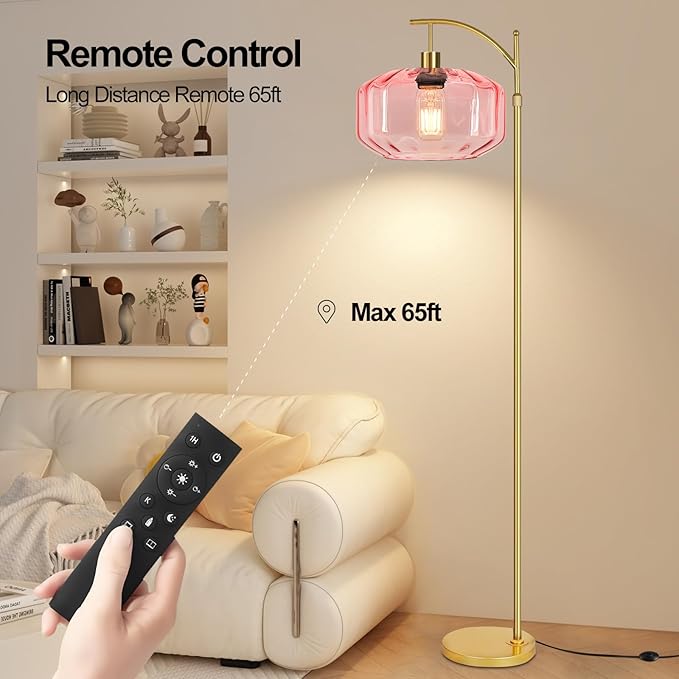 Vintage Floor Lamps for Living Room Glass Floor Lamp with Remote Control & 3 Color Temperature,Dimmable Floor Lamp Gold Mid Century Modern Standing Lamp Brass Tall Pink Floor Lamps for Bedroom Corner