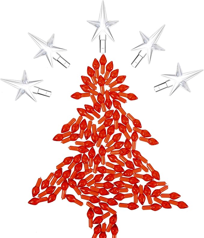 Boao 100 Pieces Ceramic Christmas Tree Bulbs and 5 Stars Replacement Plastic Bulbs for Ceramic Christmas Tree Decorations(3.8 mm Diameter,Red)