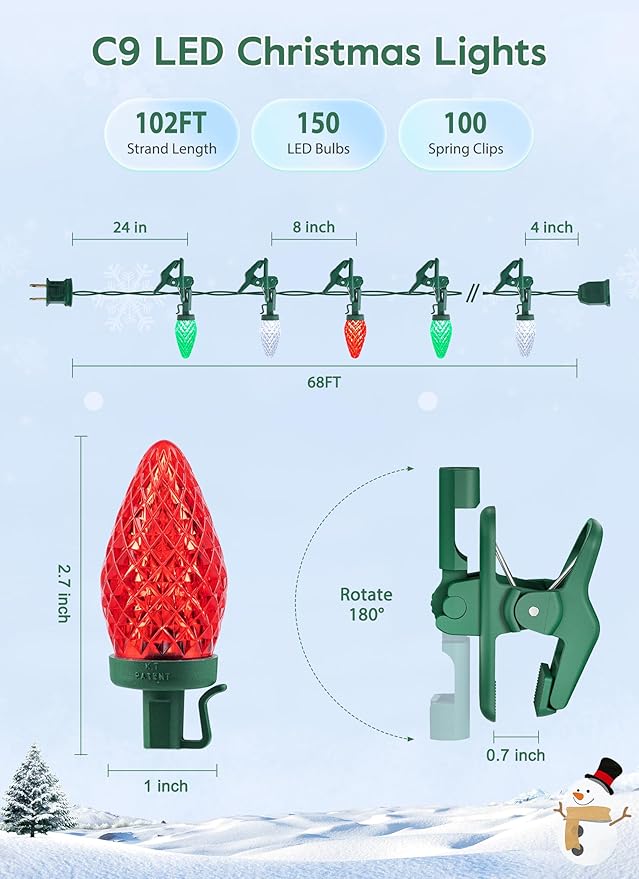 C9 LED Christmas Lights Outdoor, 99 Feet 150 LED C9 String Light with 150 Spring Clips, Waterproof Connectable Christmas Tree Lights for Outside Roofline Patio Home Xmas Decor, Red Green Pure White