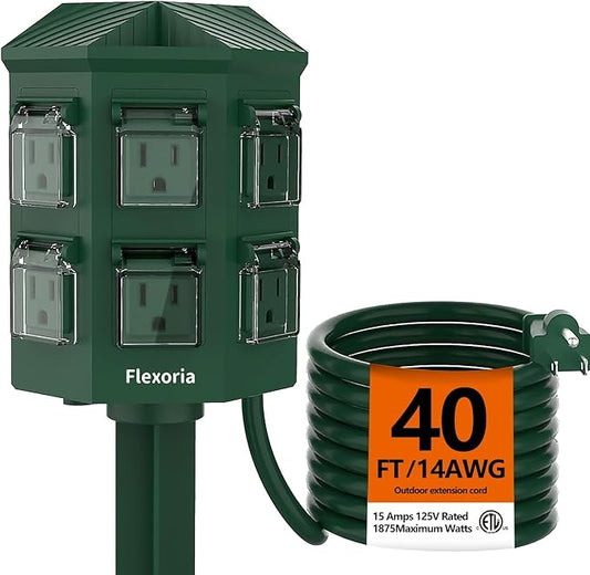 Outdoor Power Strip Waterproof, 40 FT Extension Cord, 6 Grounded Outlets for Christmas Decorations and Inflatables, 15A/1875W, ETL Listed