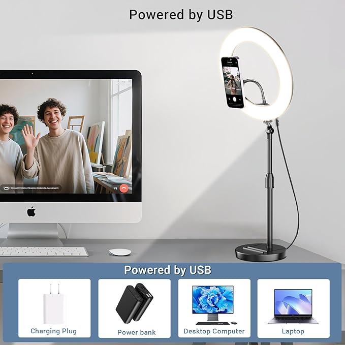 Desk Ring Light with Magnetic Phone Holder, 10'' Video Conference Podcast Lighting Kit for Laptop Computer Monitor Zoom Call Streaming, 3 Color LED Halo Light with Adjustable Stand for Home Office